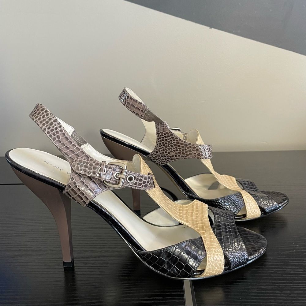 Nine West Hammer Leather Neutral Animal Embossed Heel Sandal, 10